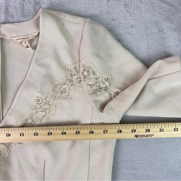 Rebecca Taylor Crepe Lace Inset Top Size 8 Beige Pleated 3/4 Sleeve V Neck - Picture 7 of 13